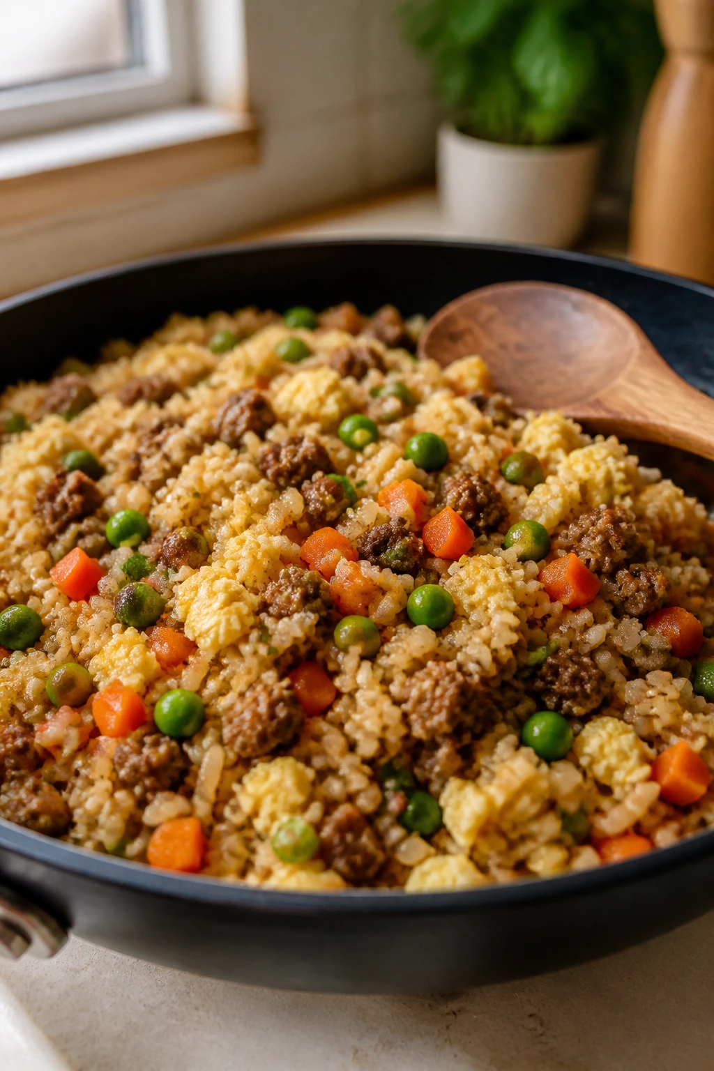 Close-up of Beef and Veggie Fried Rice in a skillet with beef, peas, carrots and eggs