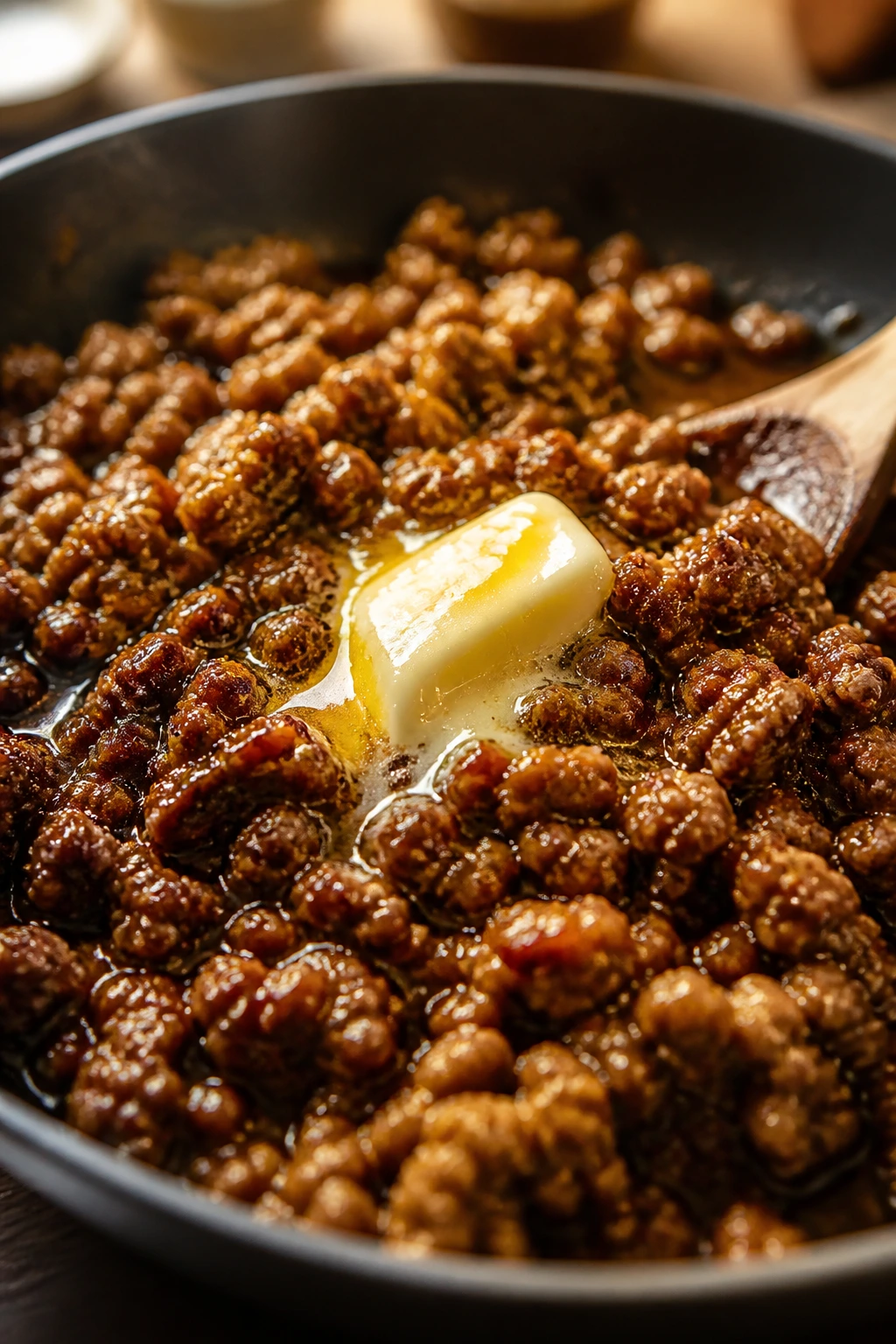Beef with glossy glaze and melting butter finishing touch in a warm kitchen