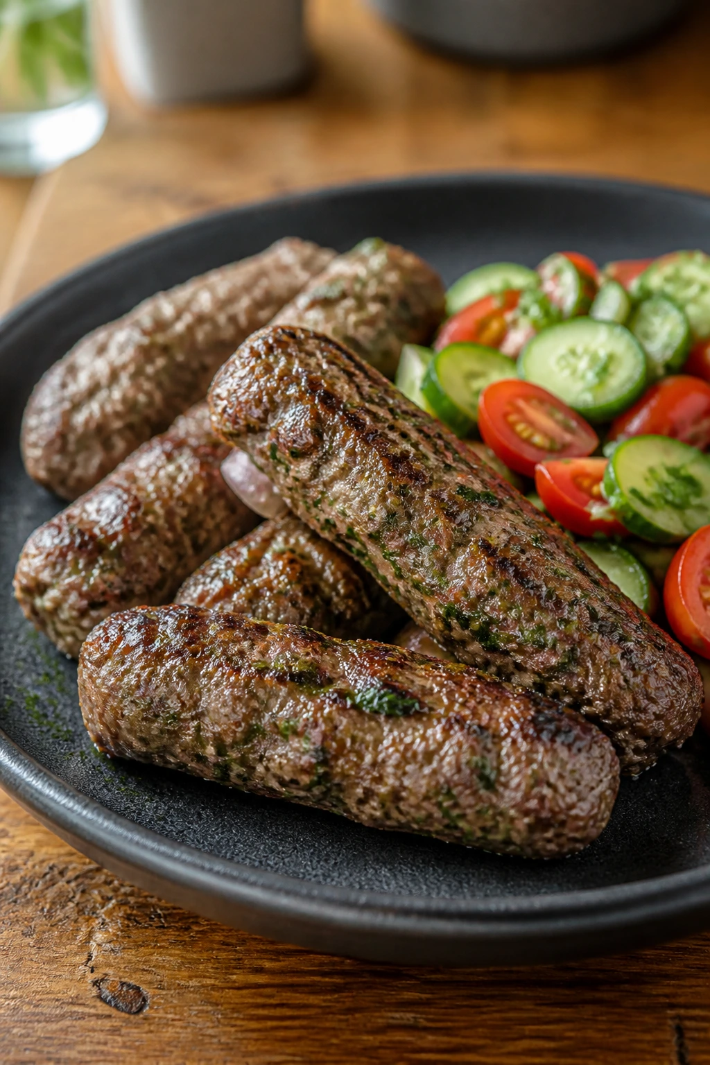 Close-up of cumin-spiced beef kofta logs on a rustic plate in a kitchen