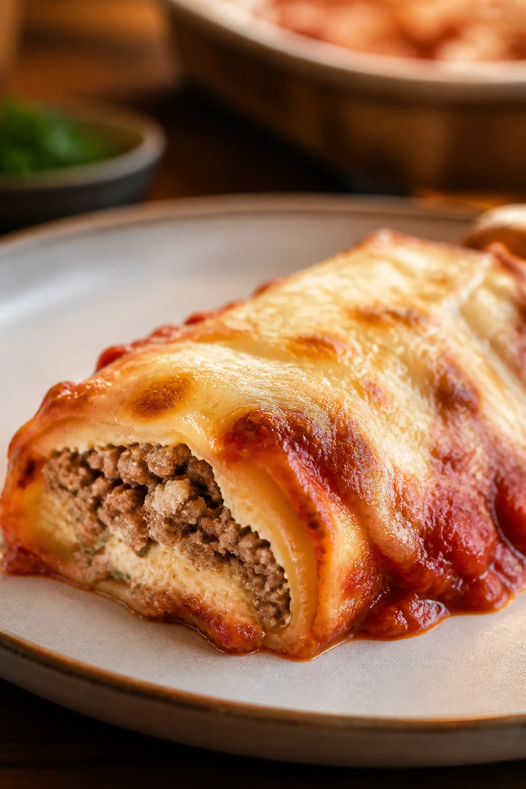 Beef and cheese stuffed manicotti close-up on plate