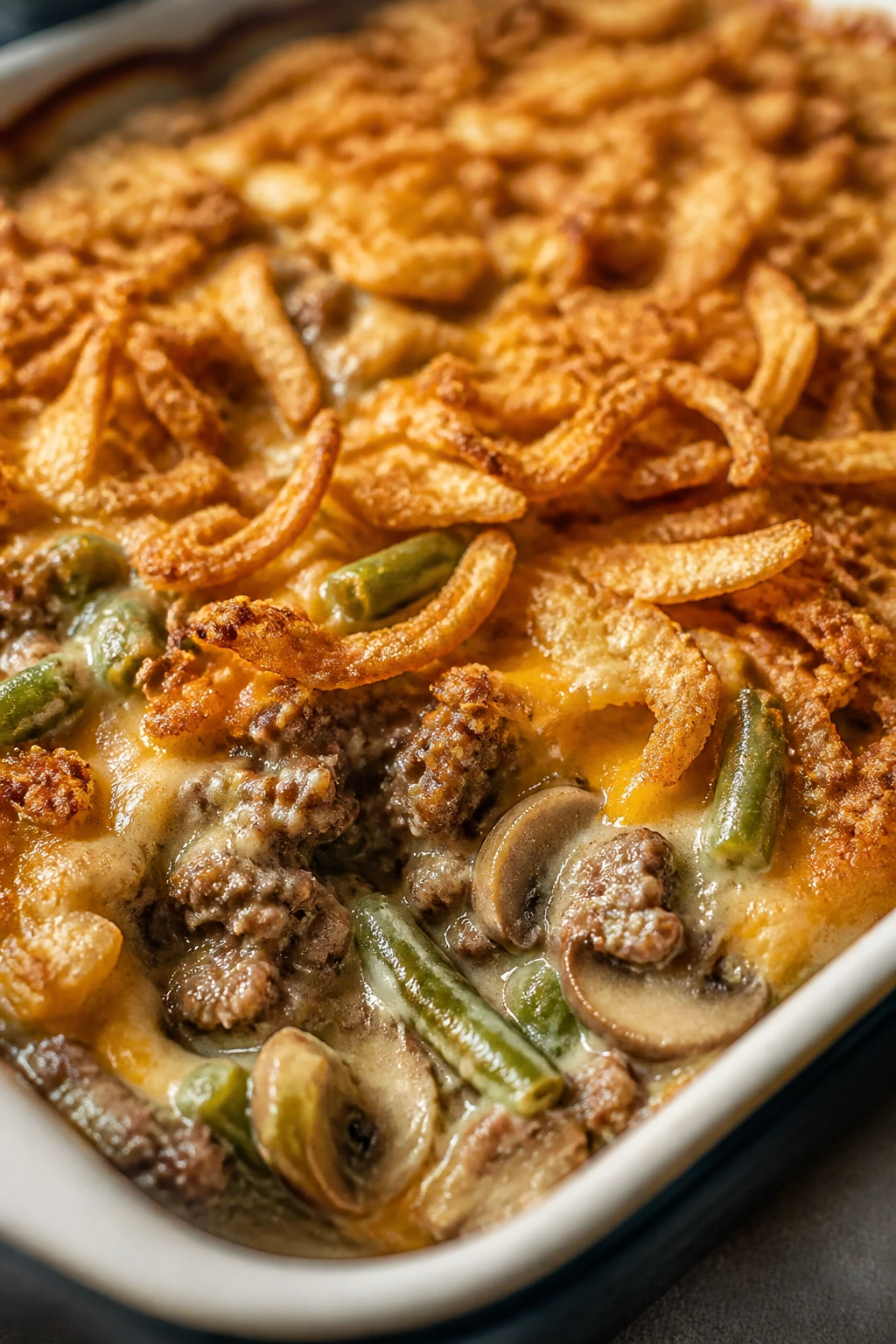 Close-up of Cheesy Beef Mushroom Green Bean Casserole with fried onions
