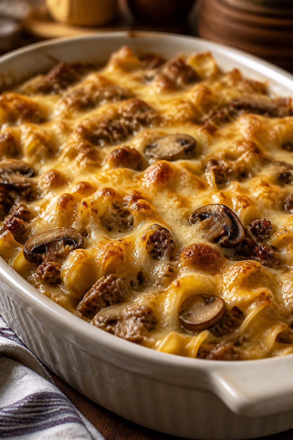 Close-up of beef and mushroom noodle bake with golden top