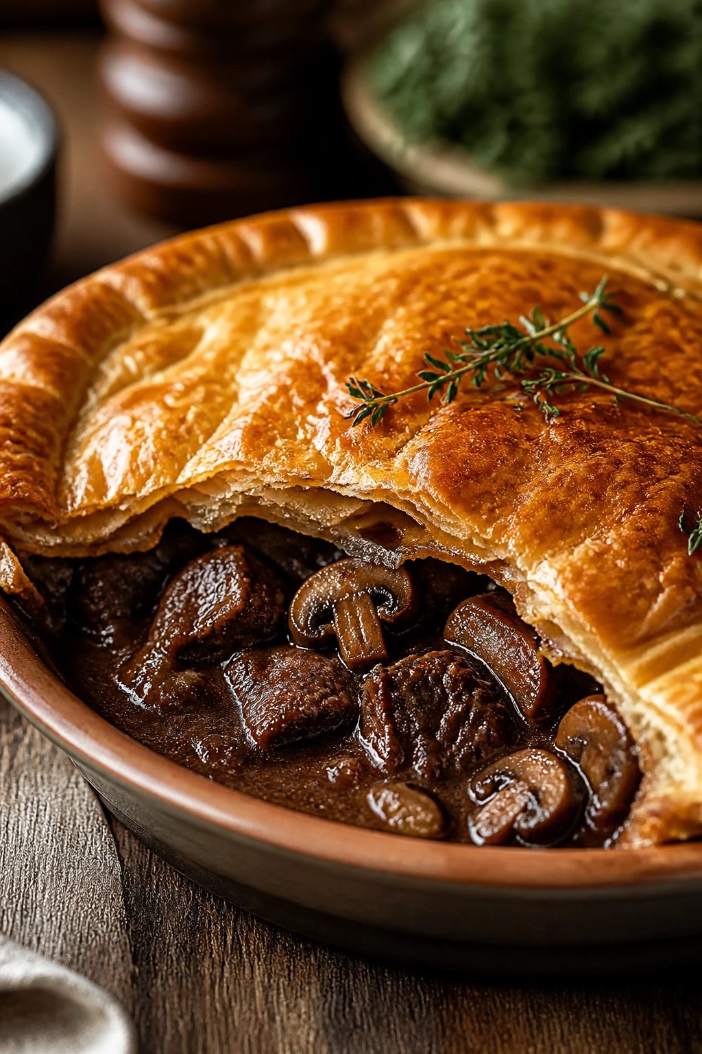 Beef and mushroom pot pie with red wine gravy under a flaky crust.