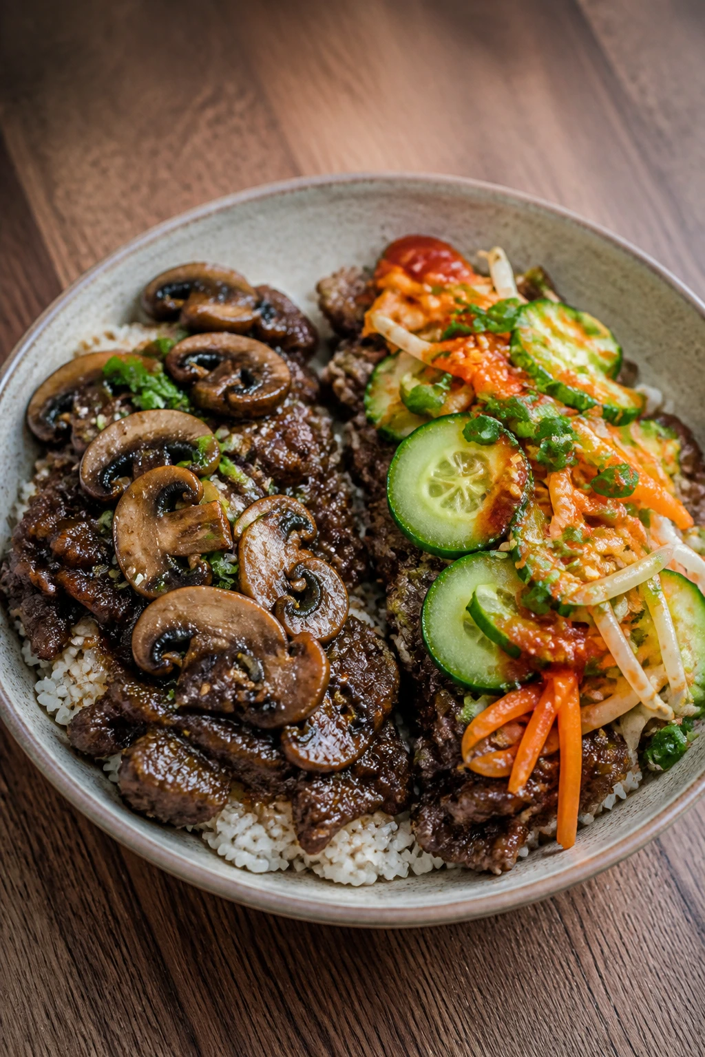 Beef bowl with two topping variations on a single plate