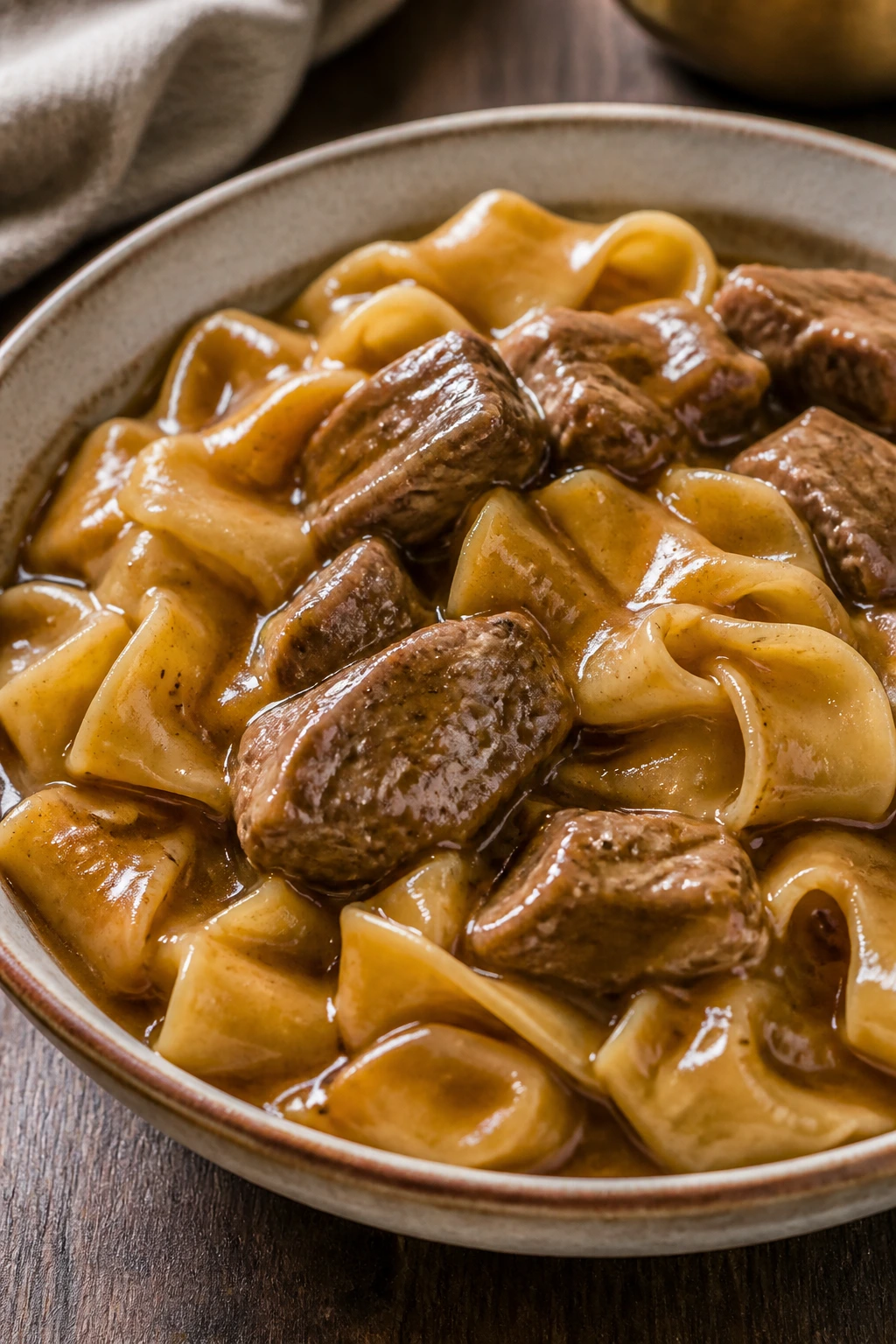 Beef and noodles with gravy in a bowl on a kitchen table