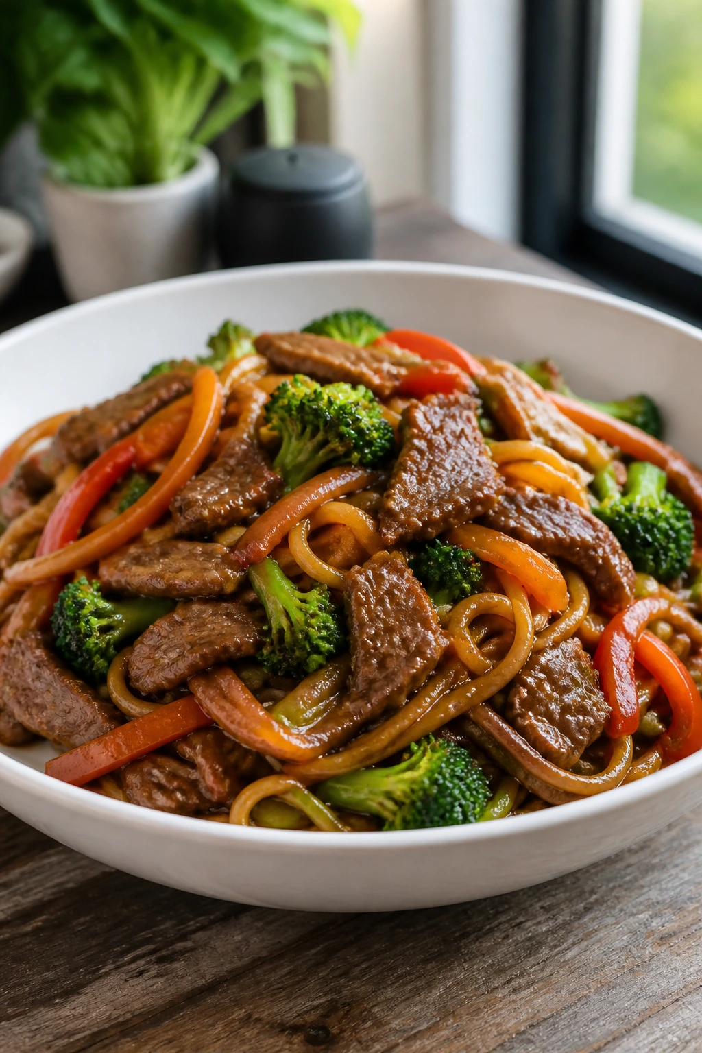 Beef and noodles stir-fry in a white bowl on a wooden counter