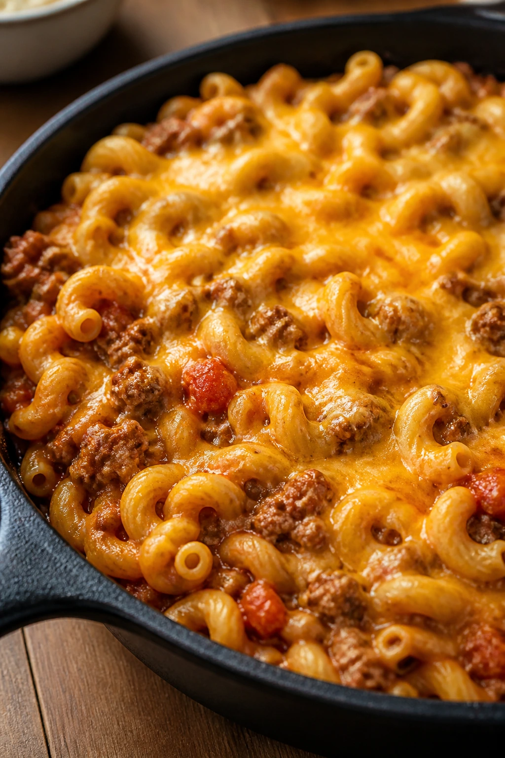 Close-up of cheesy beef pasta skillet with melted cheddar on top