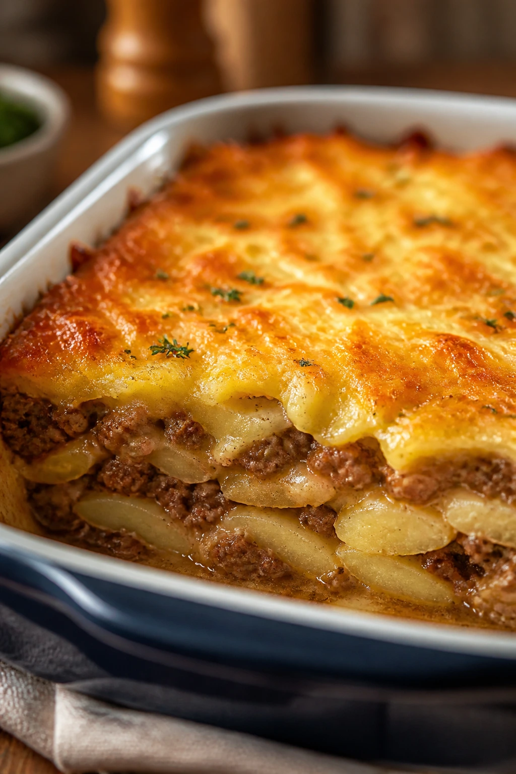 Beef and potato casserole with browned cheese crust