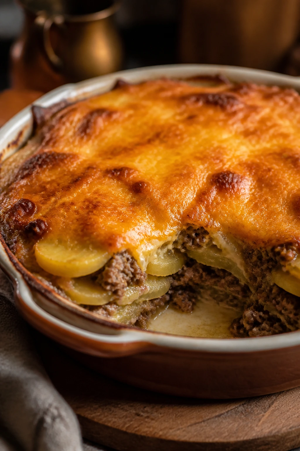 Beef and potato casserole with crispy cheddar lid