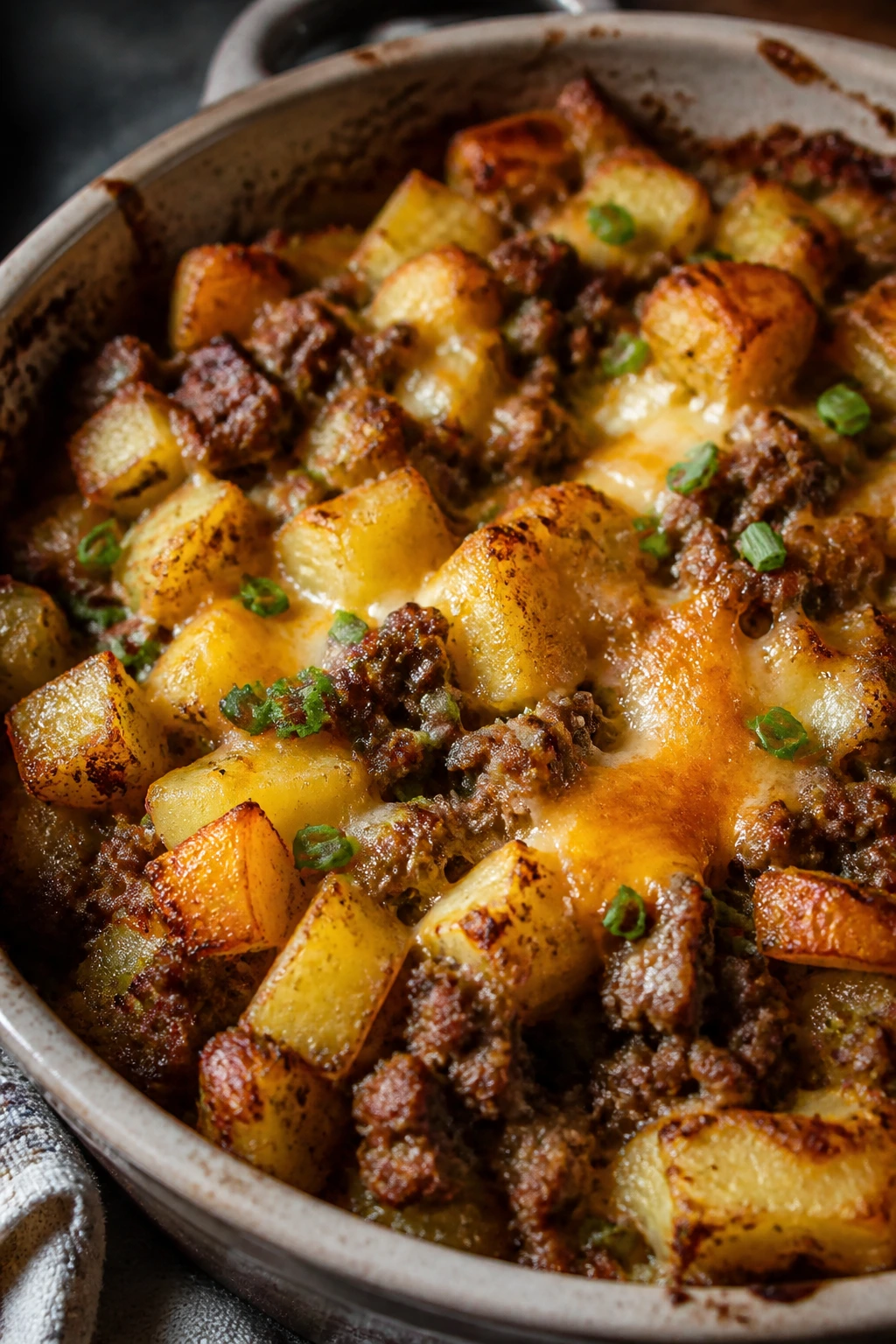 Close-up of beef and potato hash bake with crispy edges