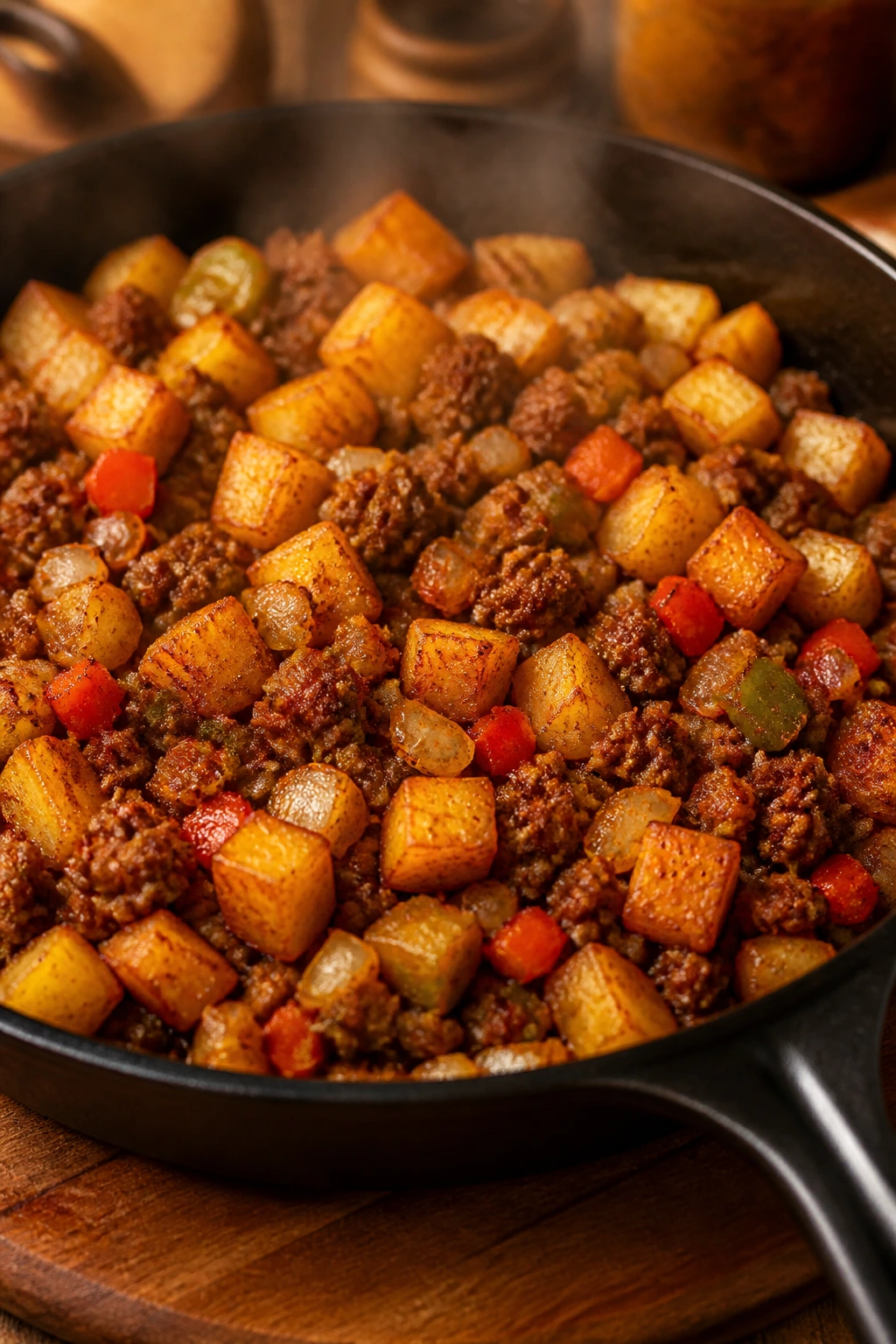 Close-up of beef and potato hash in a skillet with onions and peppers.