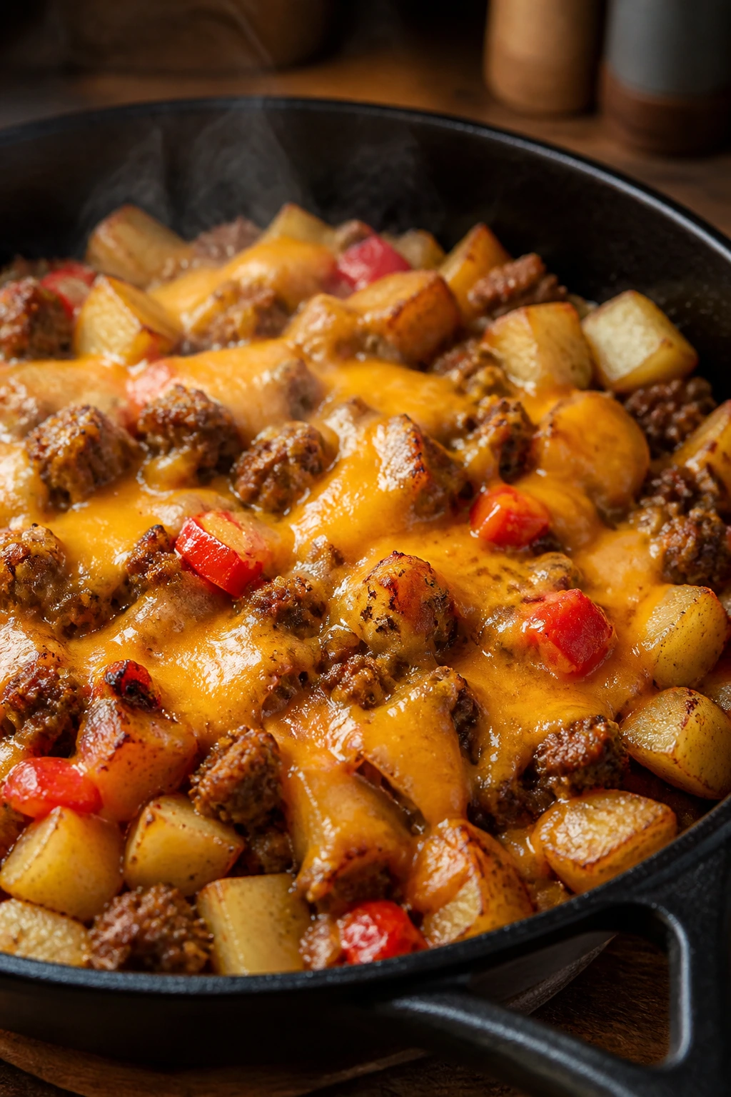 Skillet with beef, potatoes, and melted cheddar