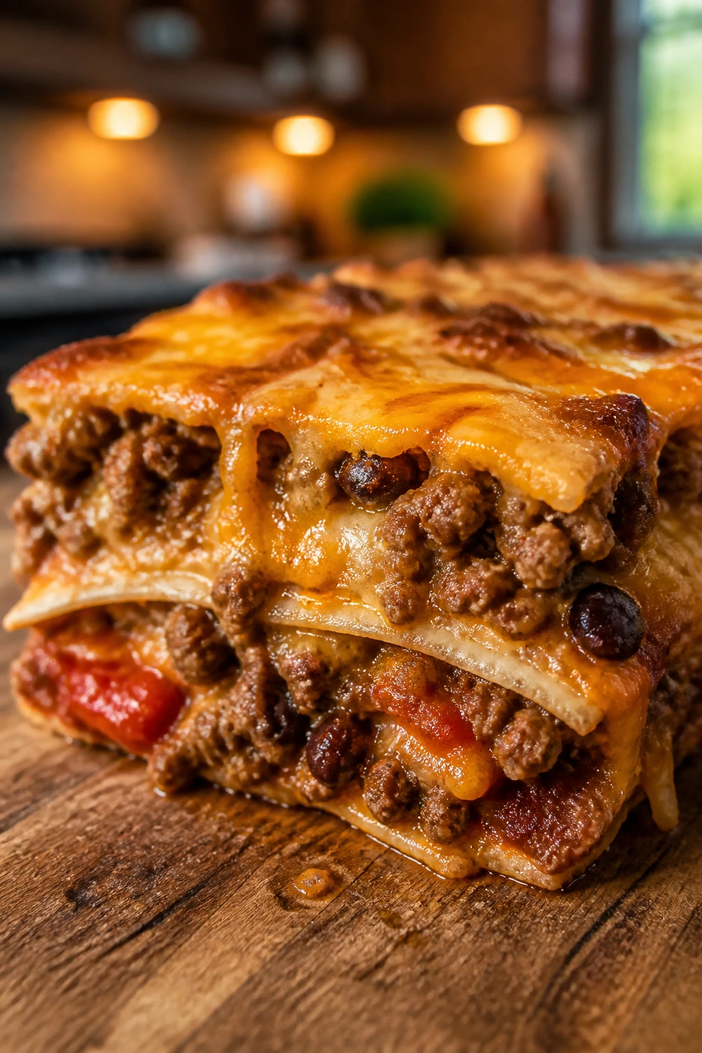 Close-up of a thick square Beef Quesadilla Bake with melted cheese and layered tortillas on a cutting board