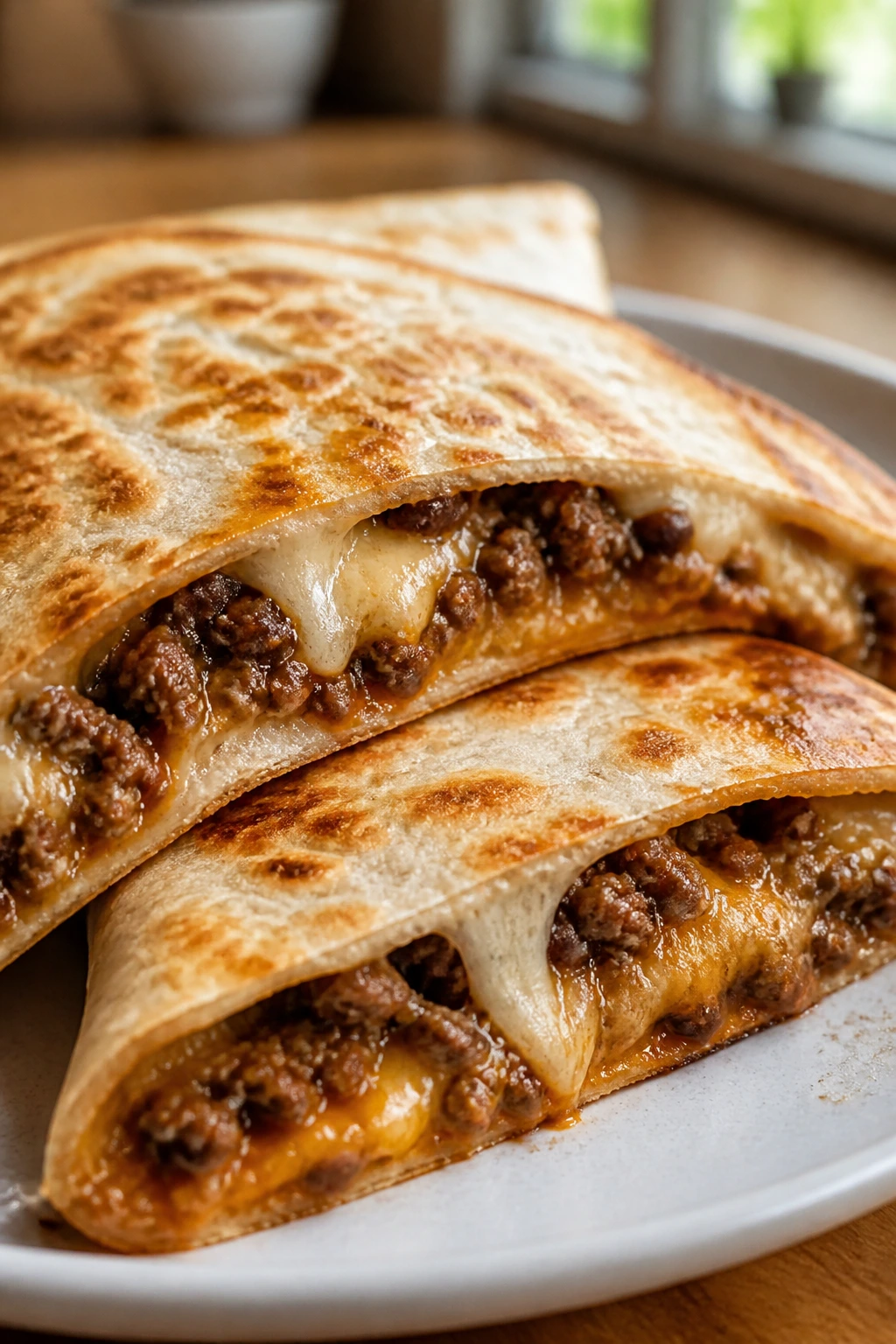 Close-up of beef quesadillas with melted cheese on a plate