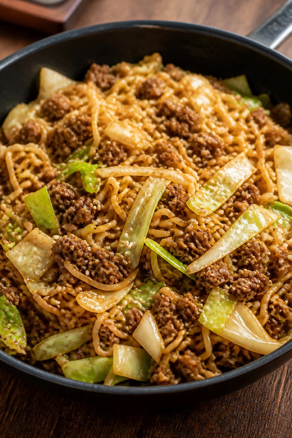 Close-up of beef and cabbage ramen stir-fry