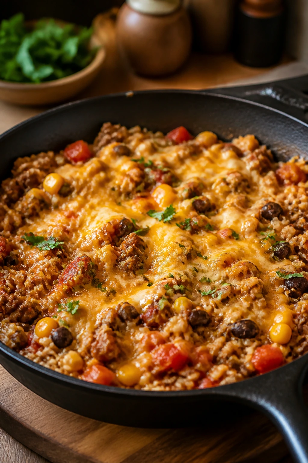 Beef taco rice skillet with beef, rice, beans and cheese in a single pan.