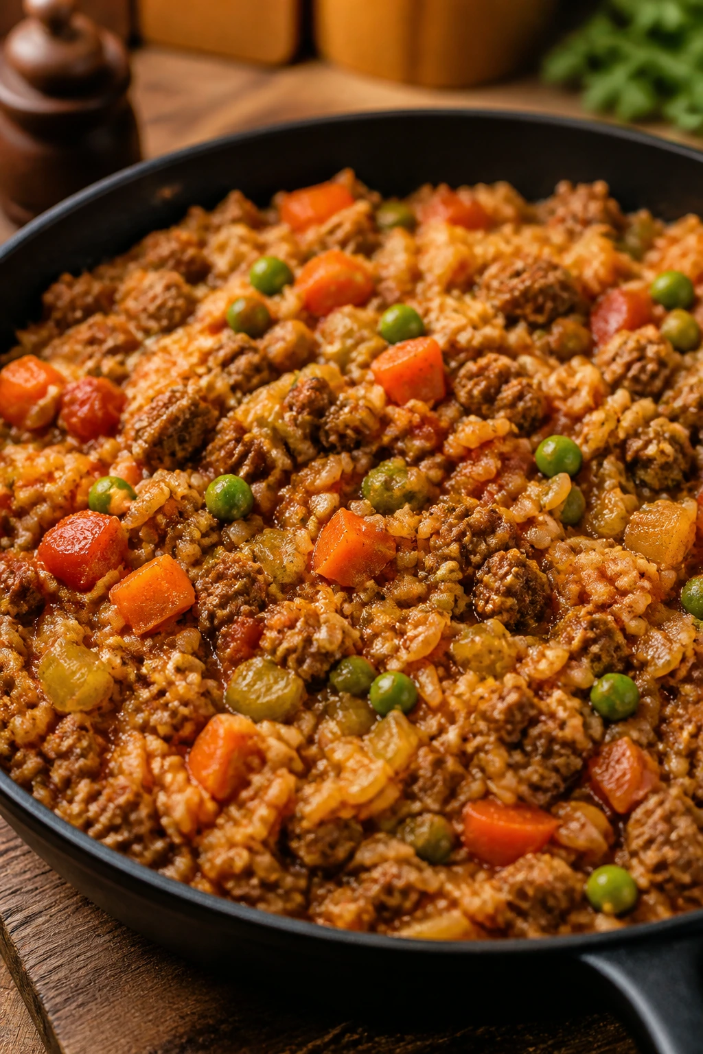 Beef and rice skillet with vegetables in a warm kitchen