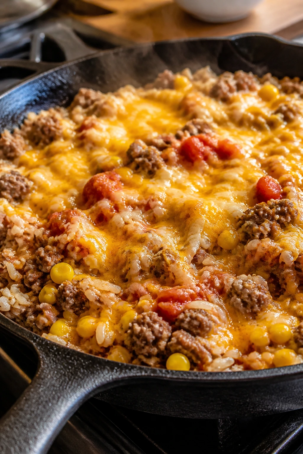 Beef and rice skillet with corn and salsa on stove