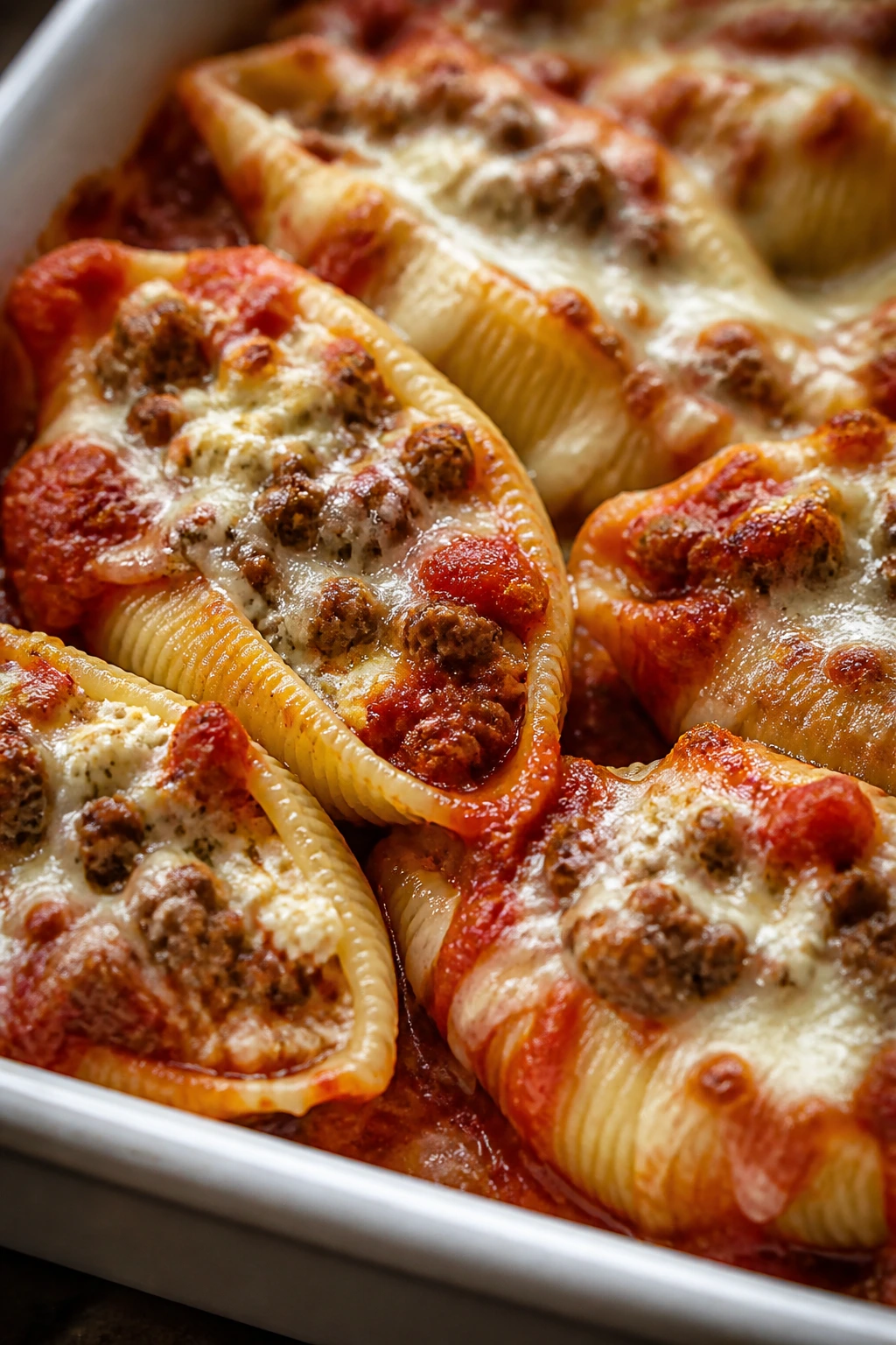 Stuffed pasta shells with beef ricotta filling and marinara sauce