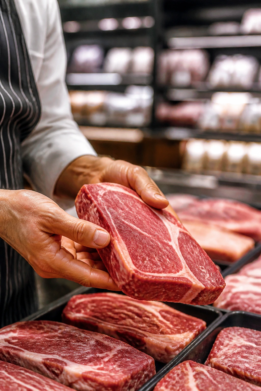 Hands selecting beef at grocery store to illustrate smart shopping for Korean beef bowls