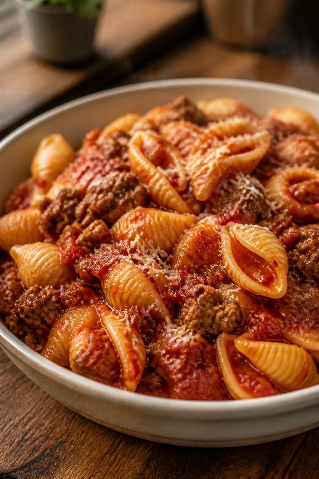 Close-up of beef and shells pasta in rich marinara in a rustic kitchen
