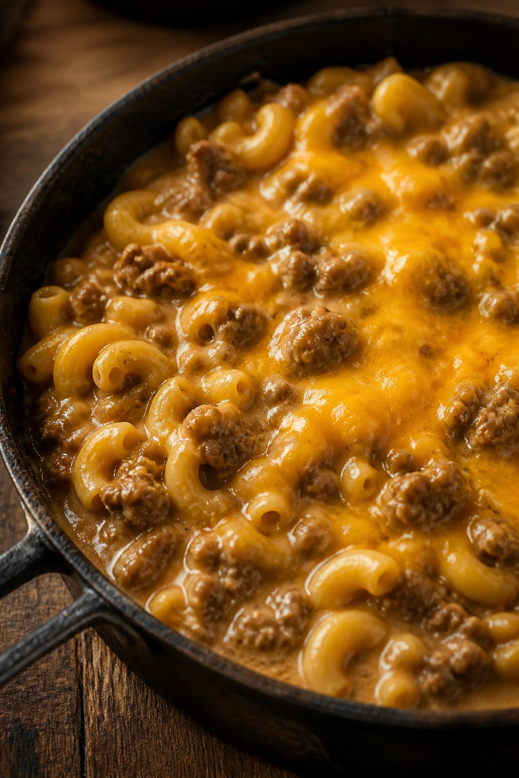 Close-up creamy hamburger-helper-style beef skillet