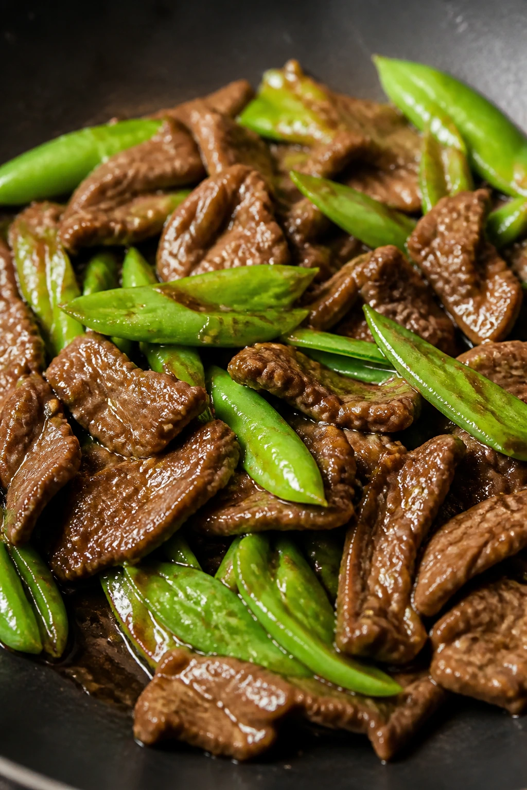 Close-up of sesame beef and snap peas stir-fry in a skillet