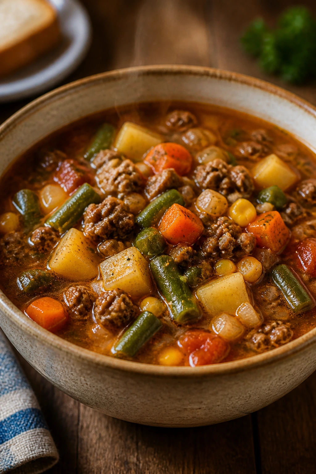 Steaming bowl of hearty beef vegetable soup with carrots potatoes and beans