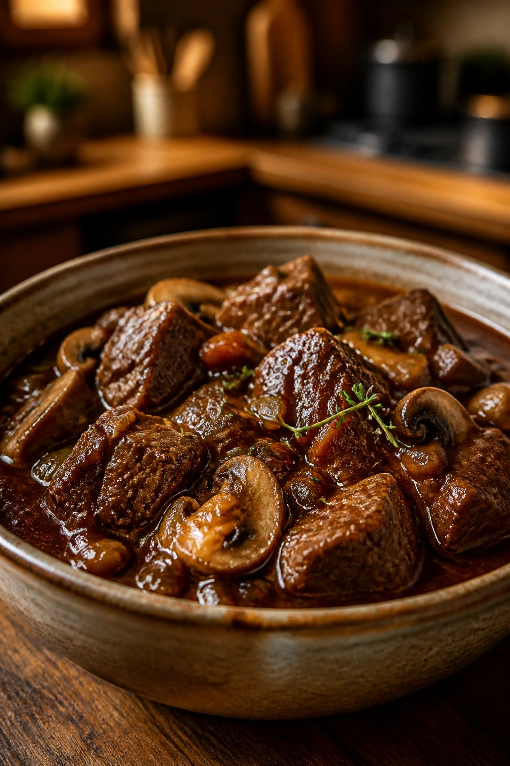 Rich beef and mushroom stew in a rustic bowl