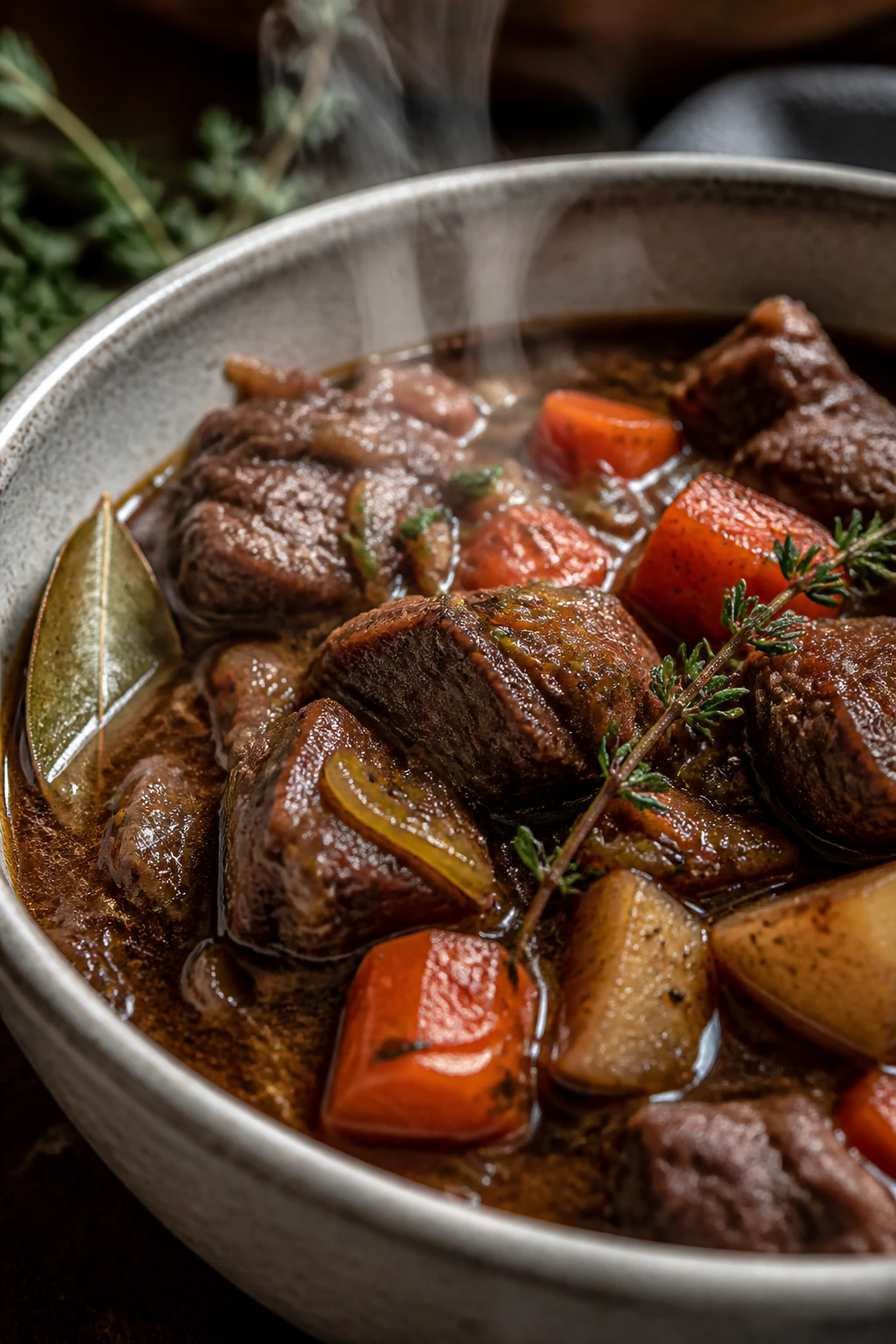 Thick beef stew in a rustic bowl with thyme
