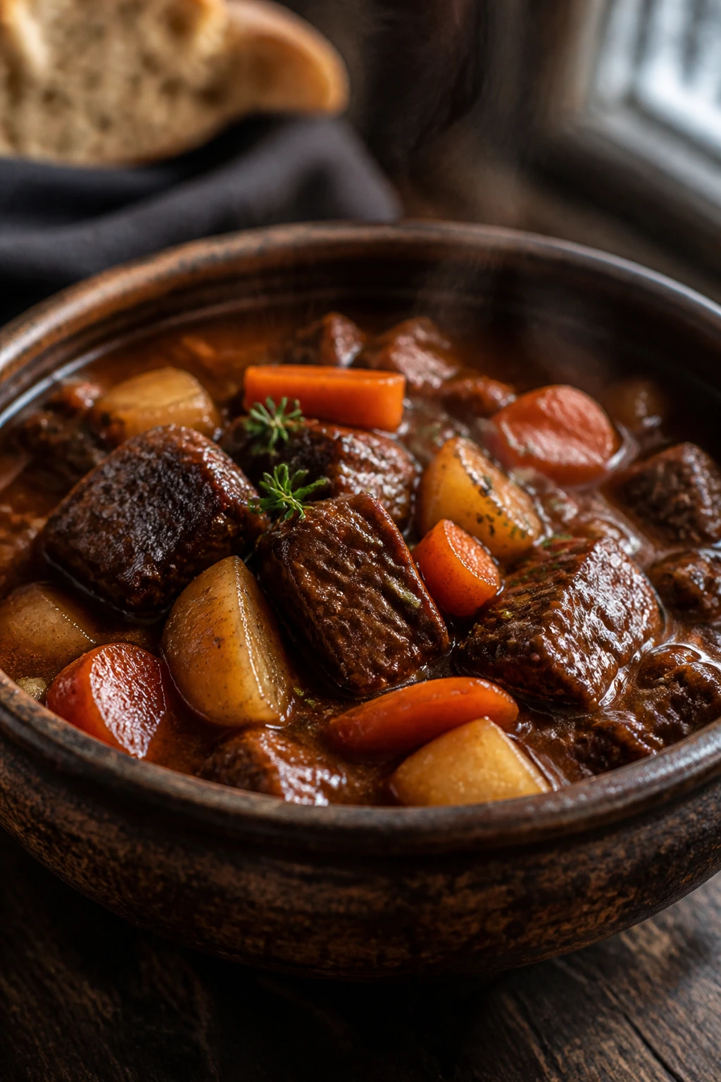 Beef and red wine stew close-up in rustic bowl with beef, potatoes, and carrots