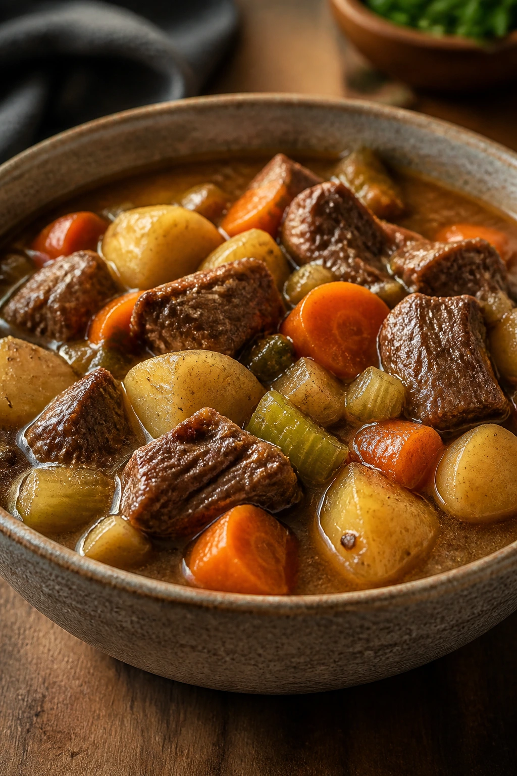 Close-up of beef stew with carrots and potatoes in a rustic bowl.