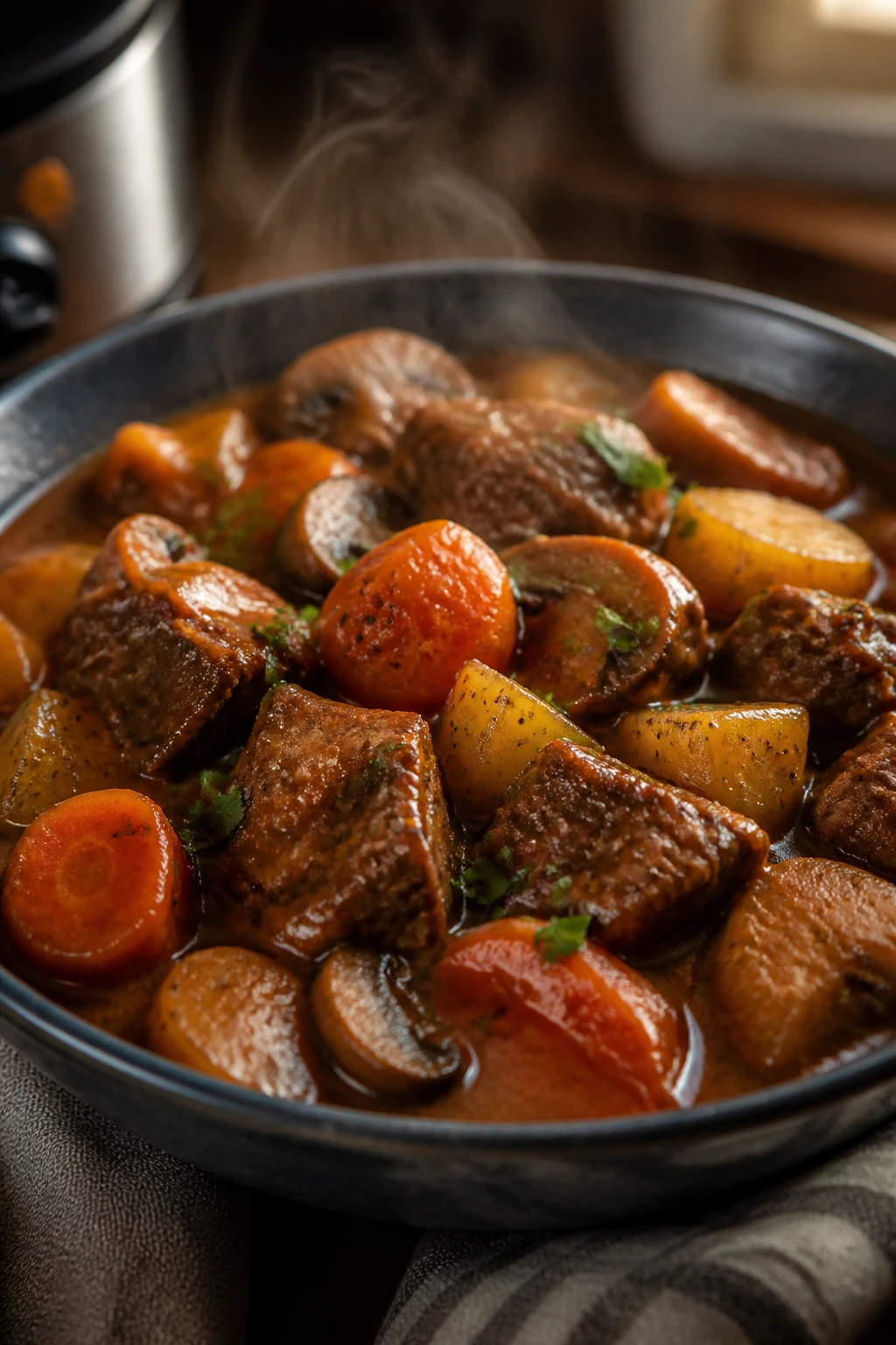 Steaming bowl of beef stew with chuck beef, carrots, and potatoes
