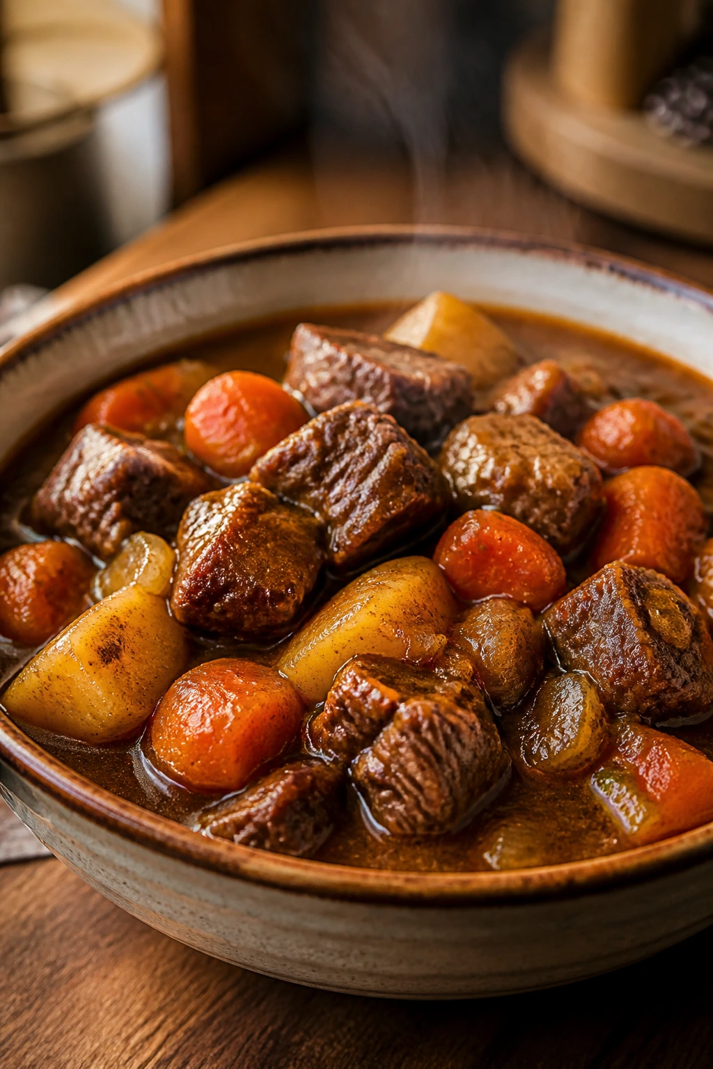 Slow Cooker Beef Stew in rustic bowl, beef chunks and vegetables in glossy broth