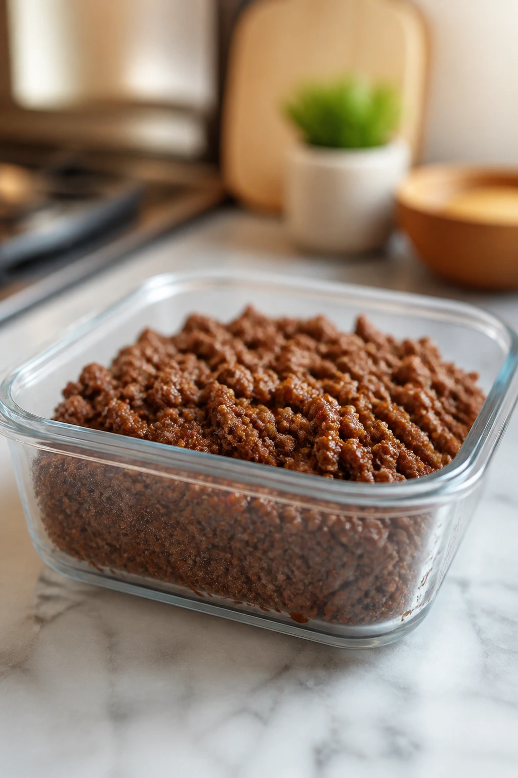 Glass storage container with cooked ground beef on a kitchen counter