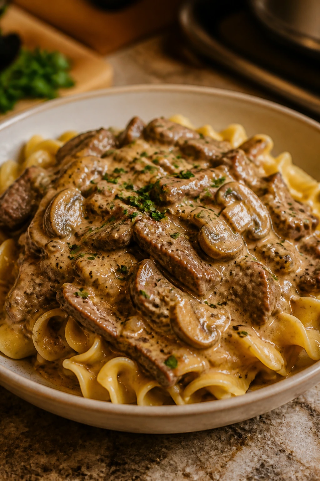 Beef Stroganoff with egg noodles in a creamy sauce