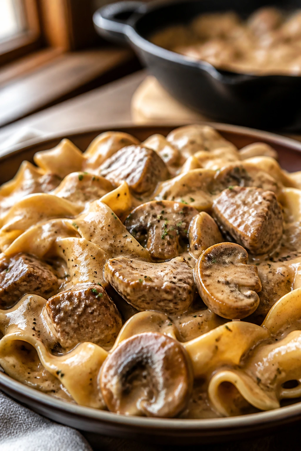 Close-up of creamy beef stroganoff over egg noodles with mushrooms in a rustic kitchen setting