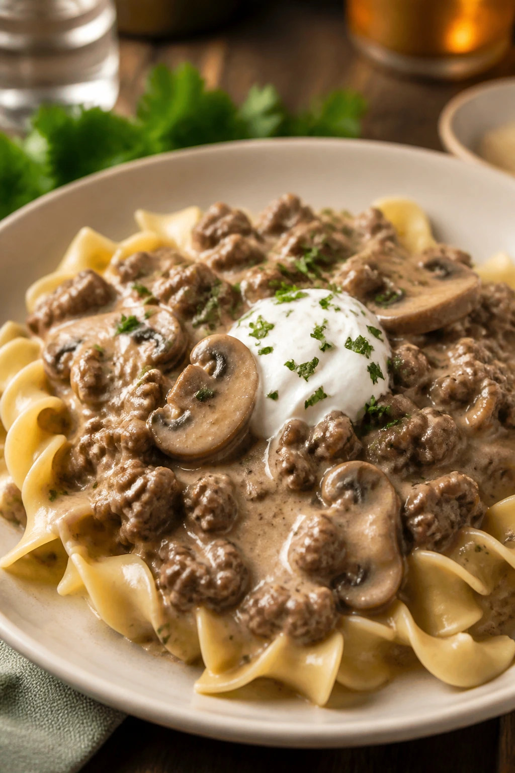 Creamy beef stroganoff with mushrooms over noodles