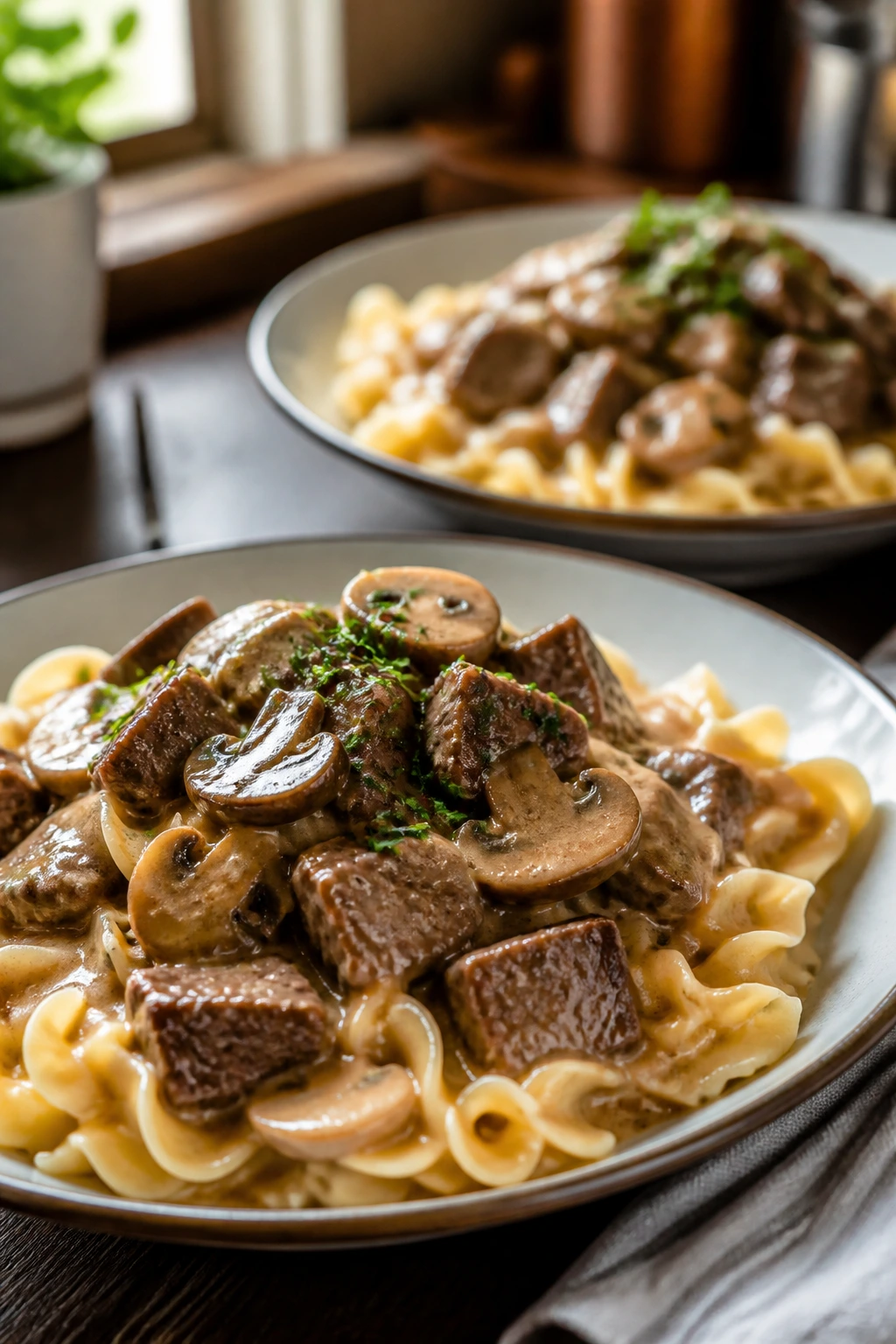 Close-up of beef stroganoff with mushrooms and noodles