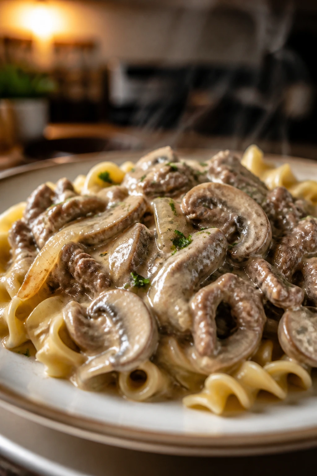 Creamy beef stroganoff over noodles with mushrooms