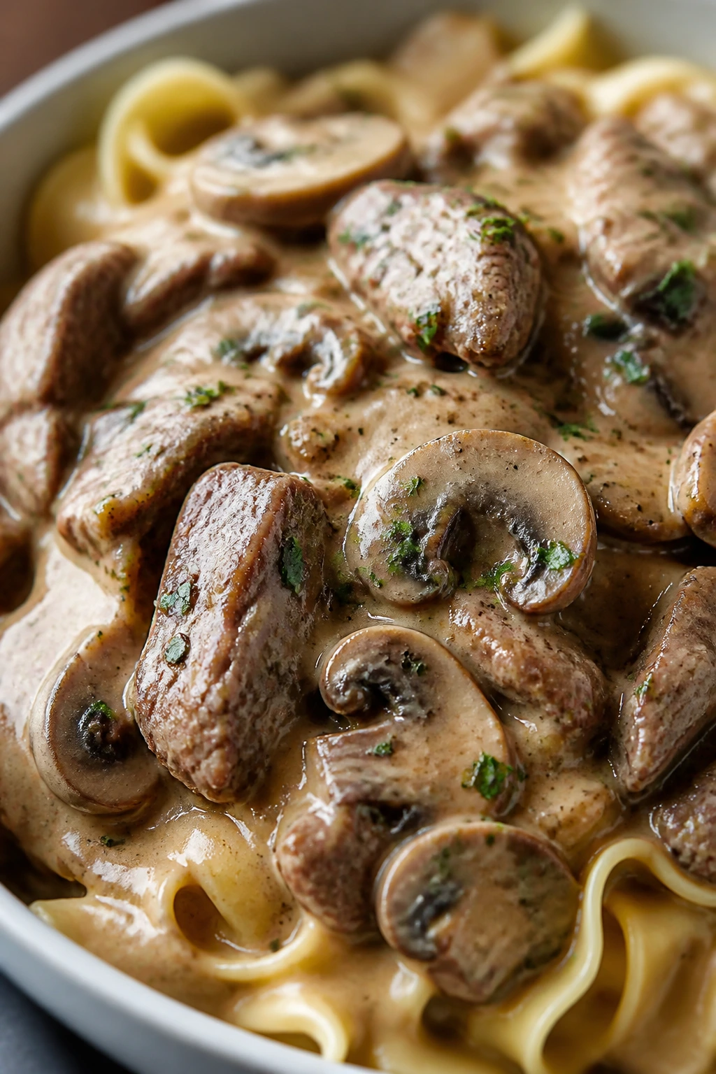 Close-up of beef stroganoff with mushrooms and noodles