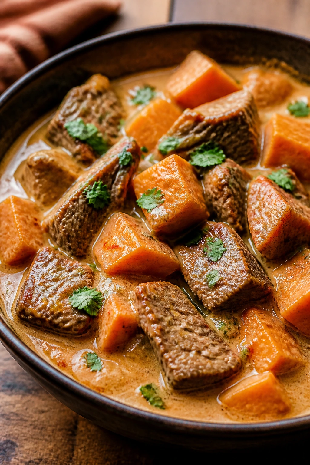 Close-up of beef and sweet potato in coconut curry
