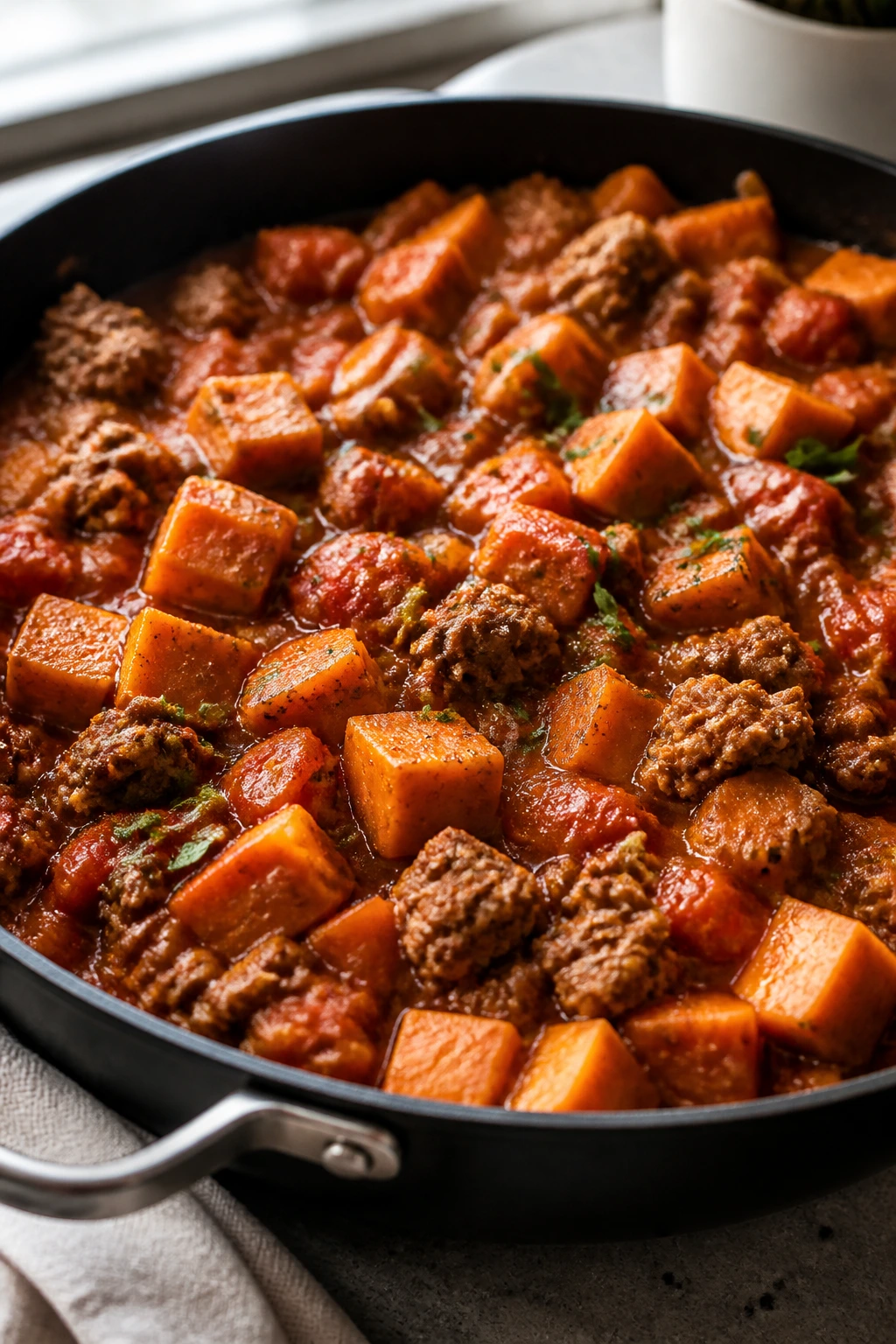 Beef and sweet potato skillet with tomato sauce in a pan