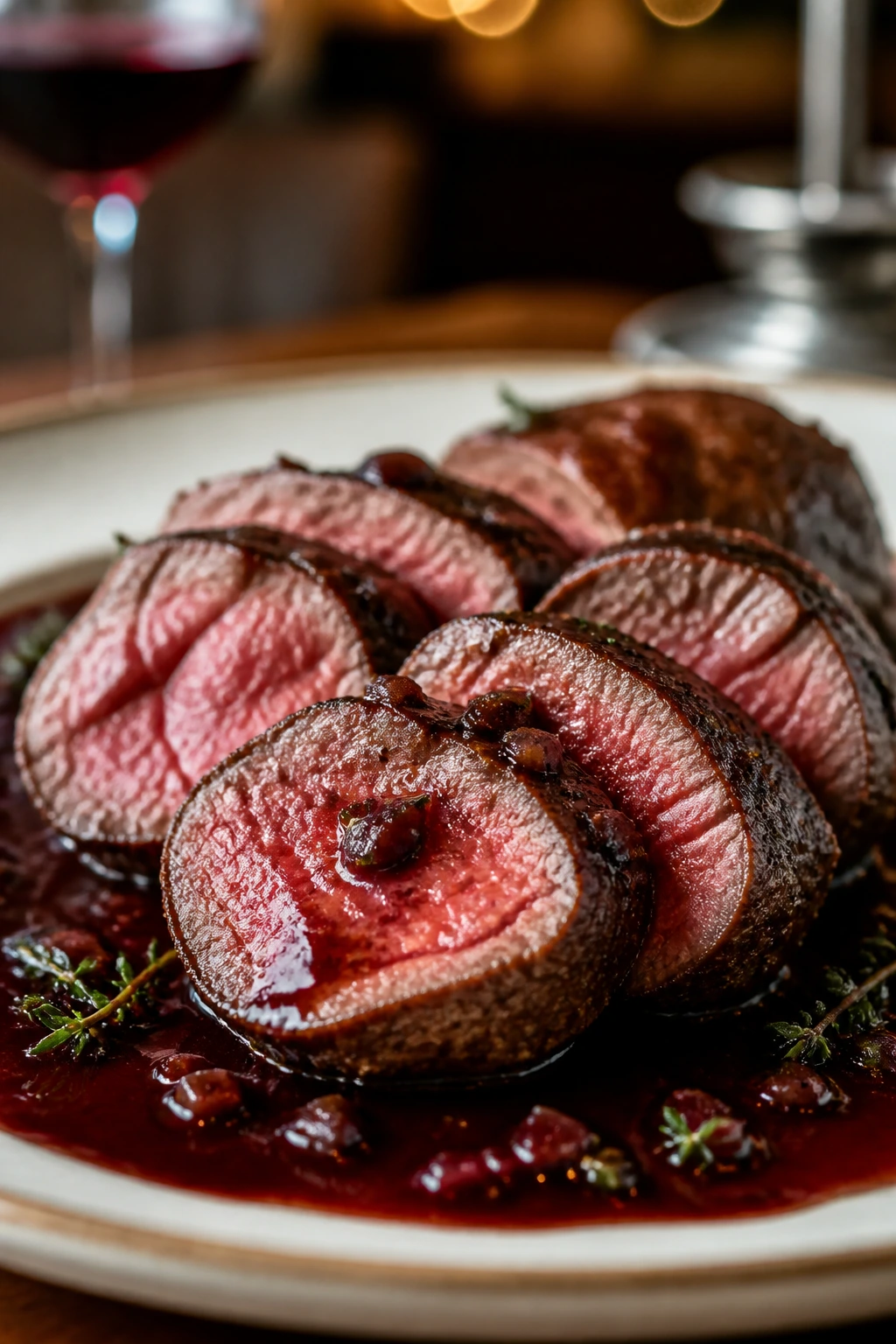 Beef tenderloin medallions with red wine pan sauce on plate