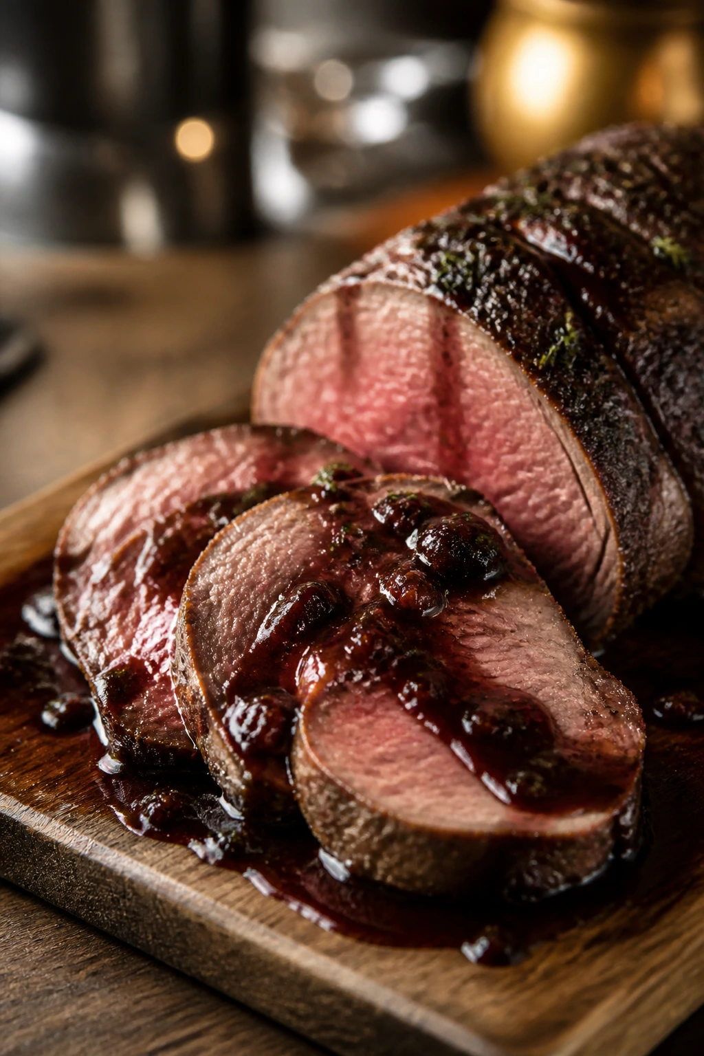 Beef tenderloin slices with red wine pan sauce on wooden board