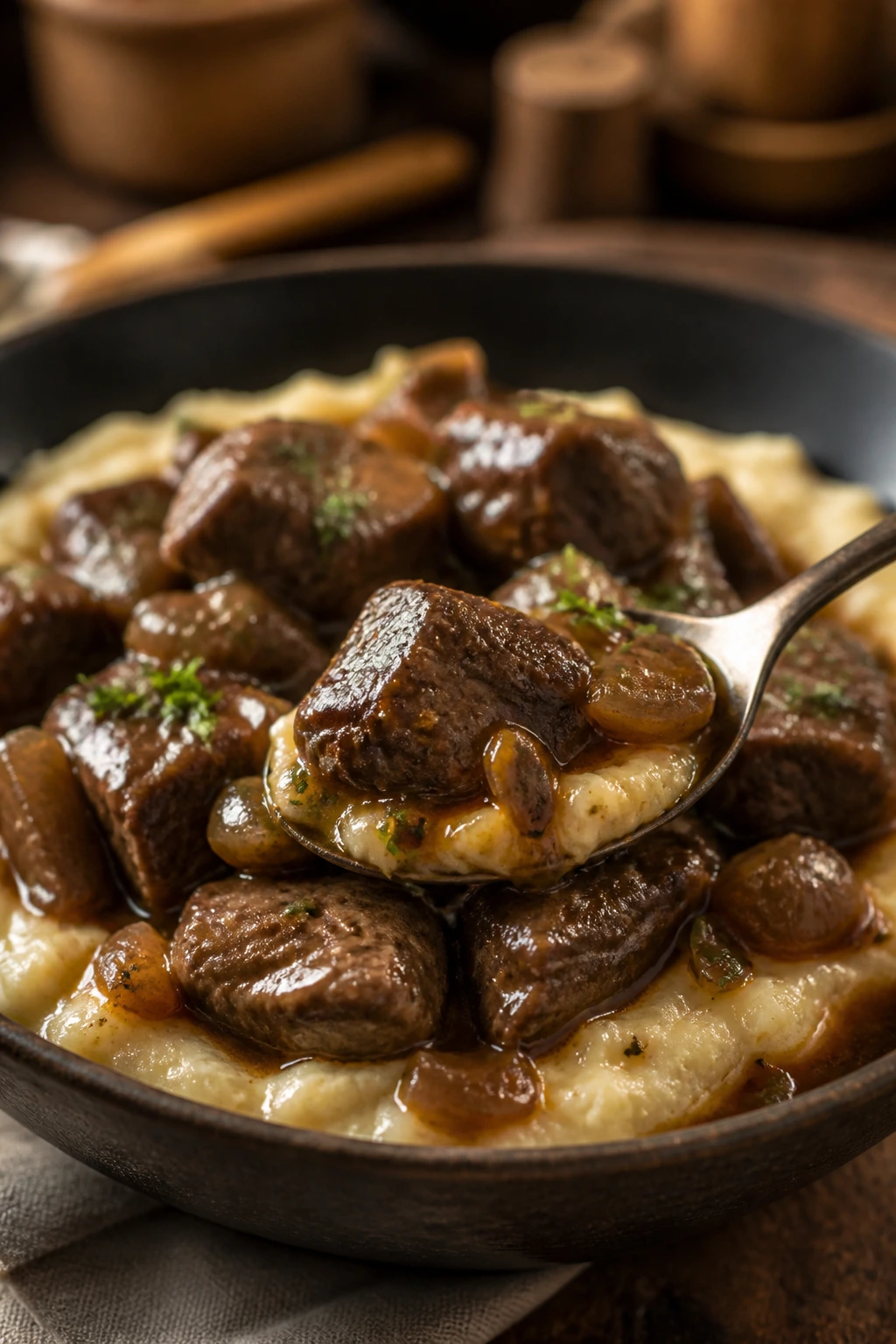Beef tips on creamy grits with glossy gravy