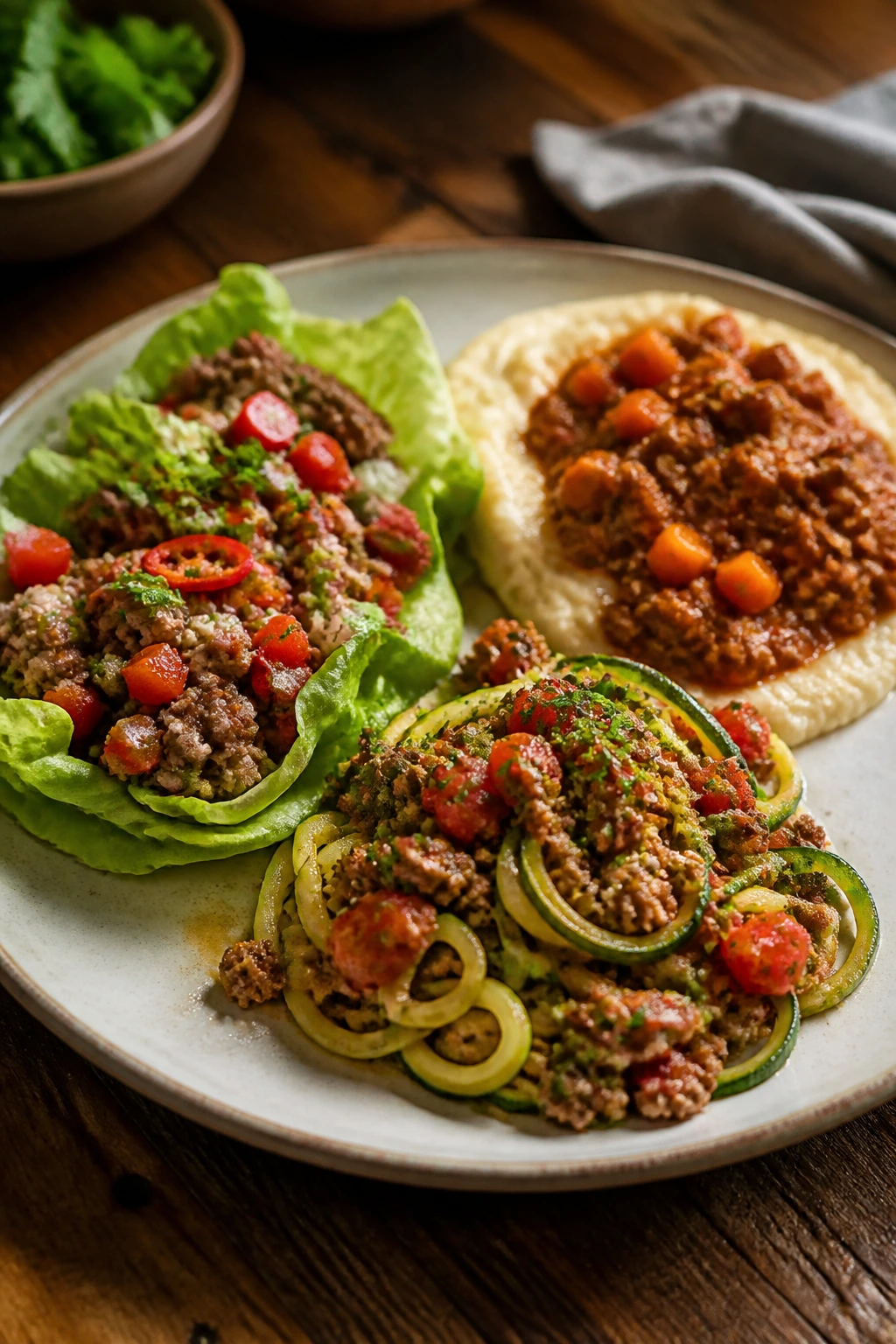 Plate with three beef variation styles including lean, low-carb, and dairy-light in a single dish
