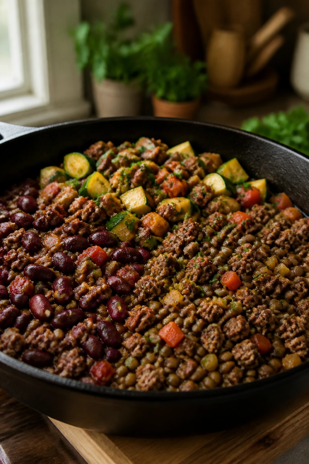Beef dish in a pan with three separate ingredient zones representing variations
