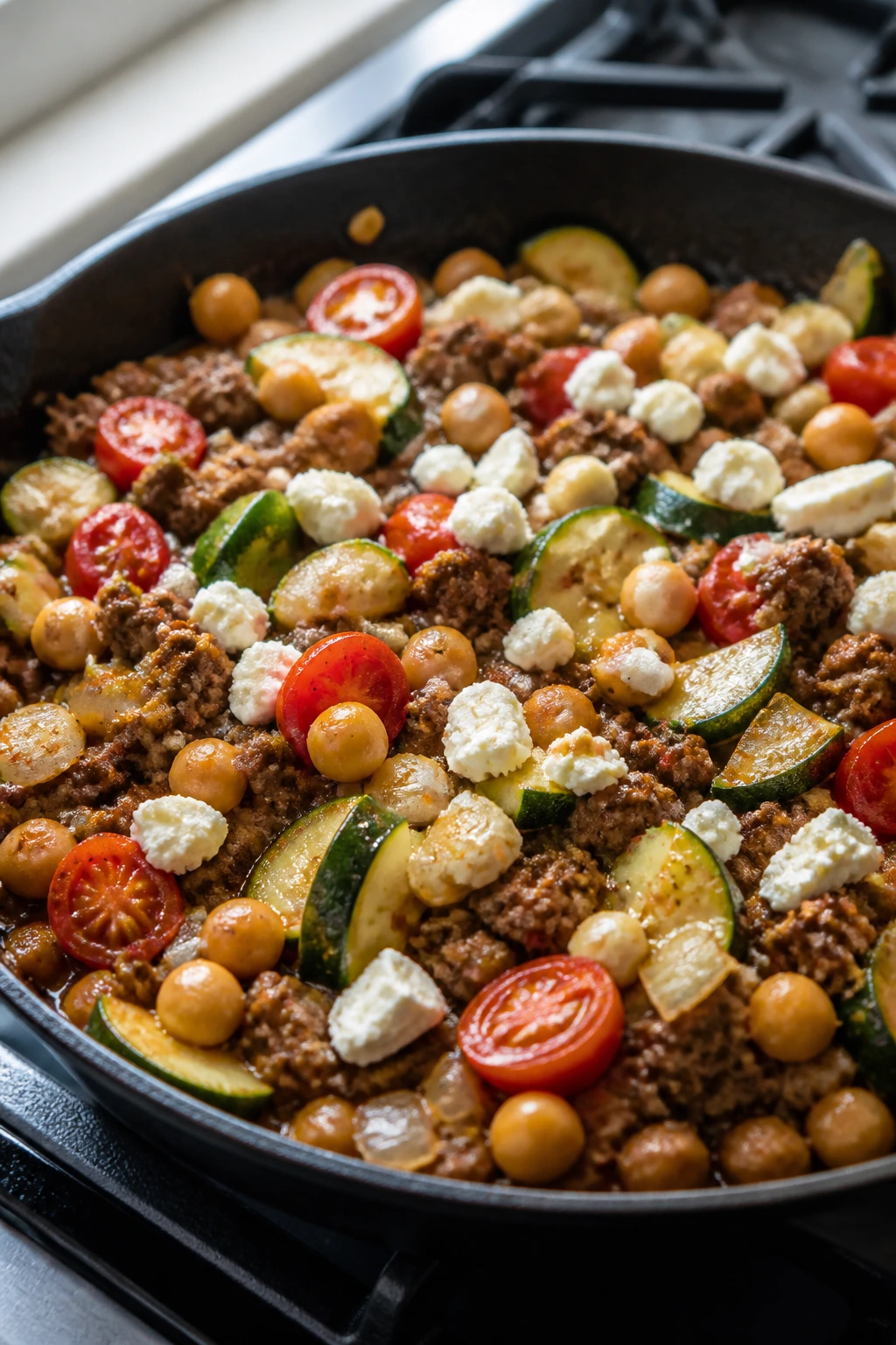 Close-up of Beef, Zucchini, and Tomato Skillet with Chickpeas and feta in a skillet