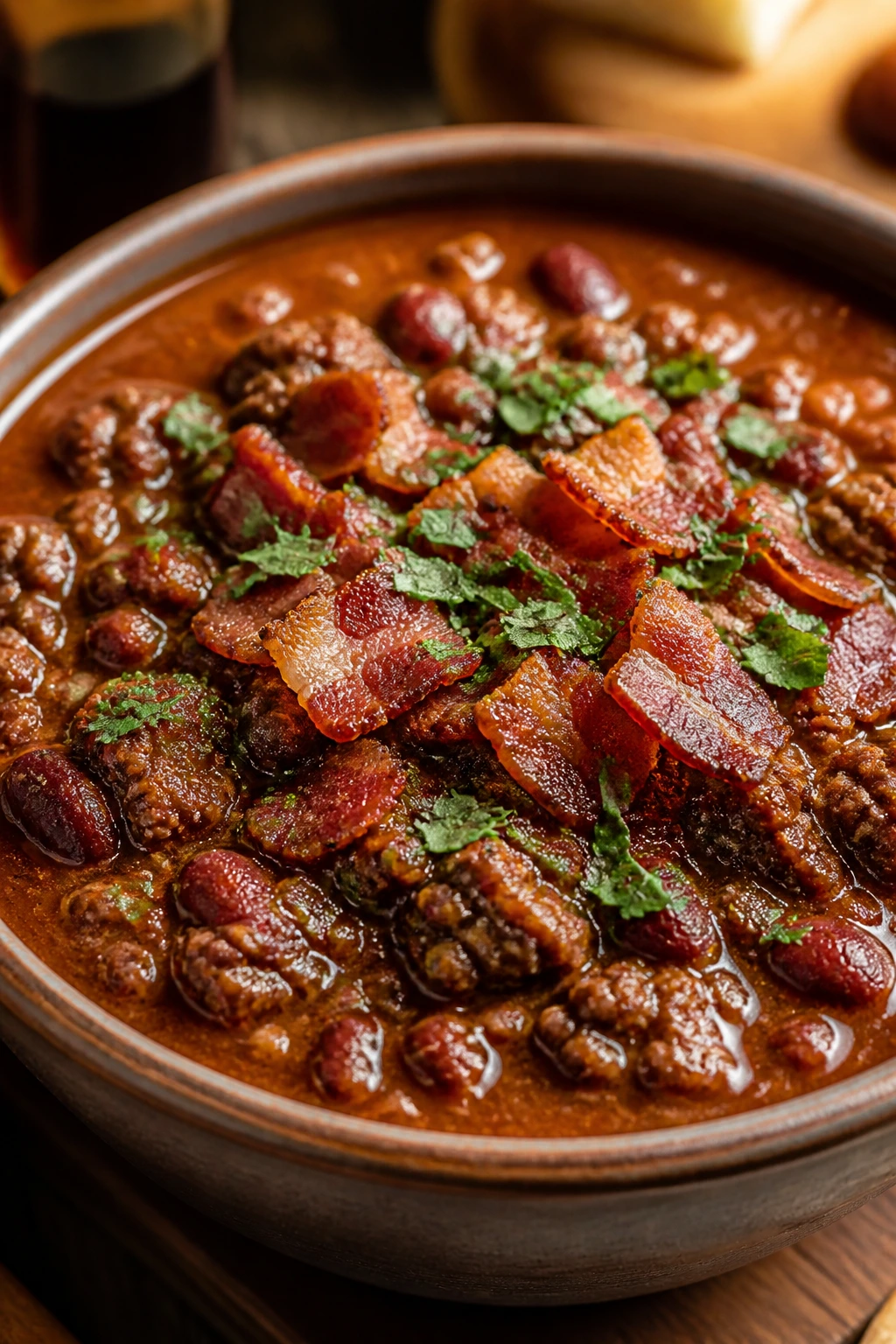 Close-up of Beer-Braised Bacon and Beef Chili with bacon chunks